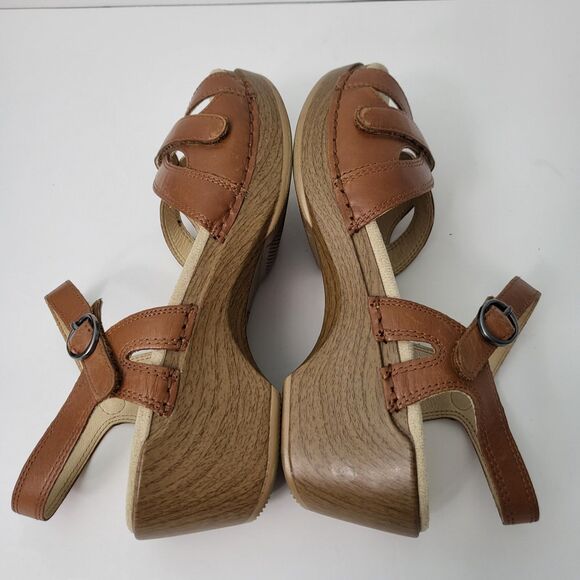 DANSKO Season Sandals Womens 7.5 8 38 Camel Brown Leather Strappy Wedge Comfort - Picture 7 of 11